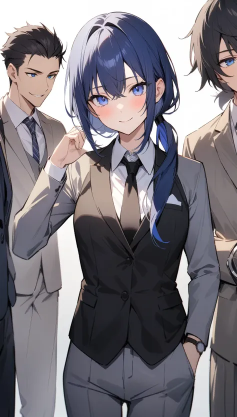 {{masterpiece}}, The best quality of life, 超High resolution, High resolution, Highest quality, 4K, 8k,Attention to detail、BREAK、alone,One handsome man, (Blue Violet color long hair、Low Ponytail)、Perfect dark blue eyes、Grey suit、Black vest、watch、BREAK、Watch...