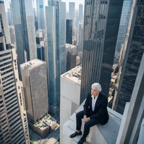 Extremely handsome white-haired man,The background is urban ,Sitting on the roof of a skyscraper,