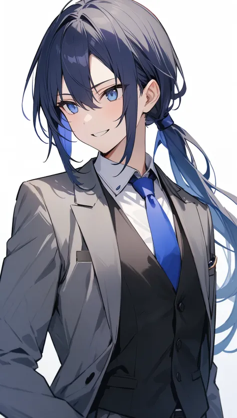 {{masterpiece}}, The best quality of life, 超High resolution, High resolution, Highest quality, 4K, 8k,Attention to detail、BREAK、alone,One handsome man, (Blue Violet color long hair、Low Ponytail)、Perfect dark blue eyes、Grey suit、Black vest、watch、BREAK、Watch...