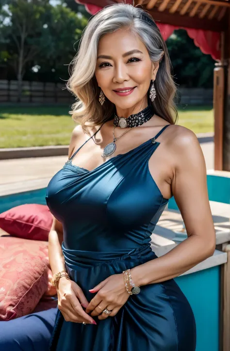 ８５ years old　Mom　MILF　Korean, Lady　large earring　Big choker　navel piercing decoration　A bracelet　realisitic　Gorgeous Madame Beautiful Mature Woman　sexy　Smile　Gentle woman navel piercing　４K　High quality　オフショルダー　ソーセージ　ミートショップ