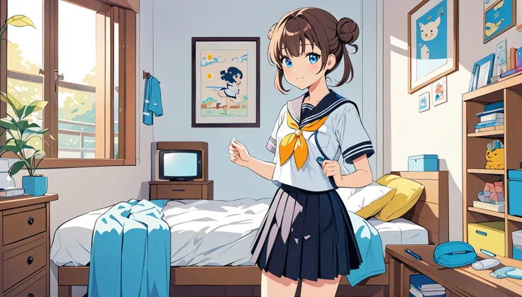 Anime girl getting ready for school in sailor uniform, wearing black pleated skirt, brown hair in double bun, blue eyes, in her room in the morning, detailed illustration style, cute cartoon design, high resolution, bright colors, anime art style.