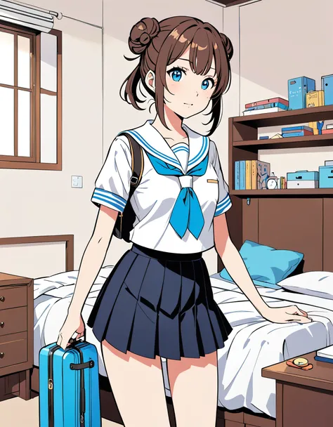 Anime girl getting ready for school in sailor uniform, wearing black pleated skirt, brown hair in double bun, blue eyes, in her room in the morning, detailed illustration style, cute cartoon design, high resolution, bright colors, anime art style.