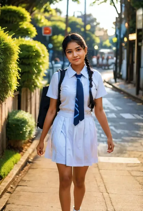 raw photo,one beautiful sri lankan teen schoolgirls, with plaited hair, she coming towards the camera in a school walkway in a j...