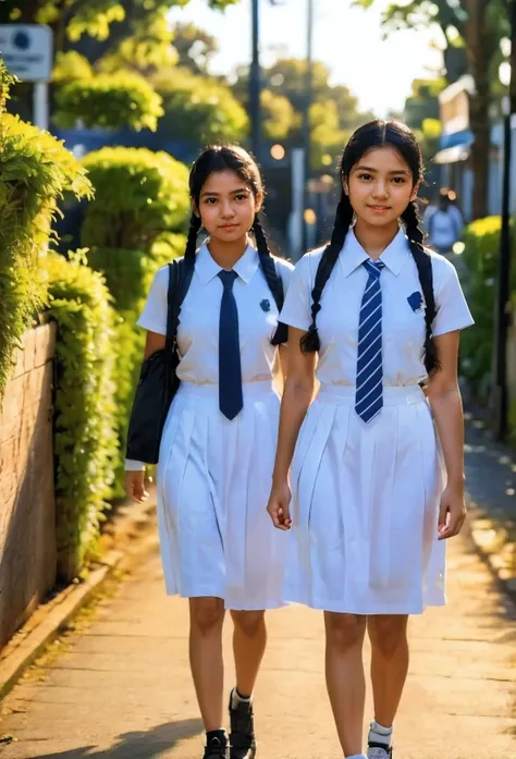 raw photo,one beautiful sri lankan teen schoolgirls, with plaited hair, she coming towards the camera in a school walkway in a j...