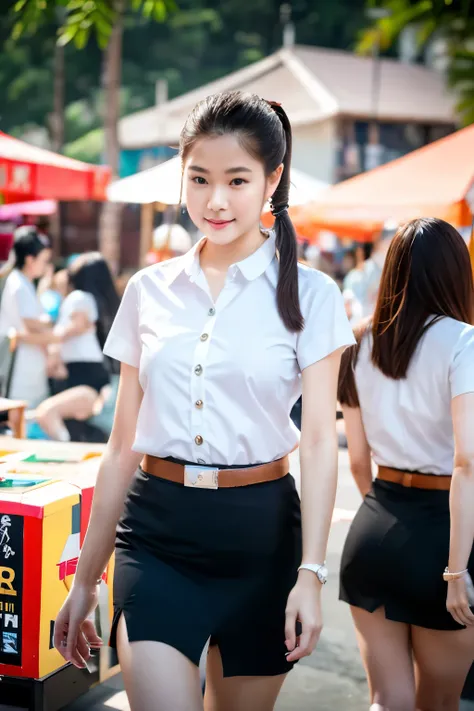 very sexy woman, slender shape, white and smooth skin, beautiful face, ponytail hair set, wearing thailand student uniform, walk...