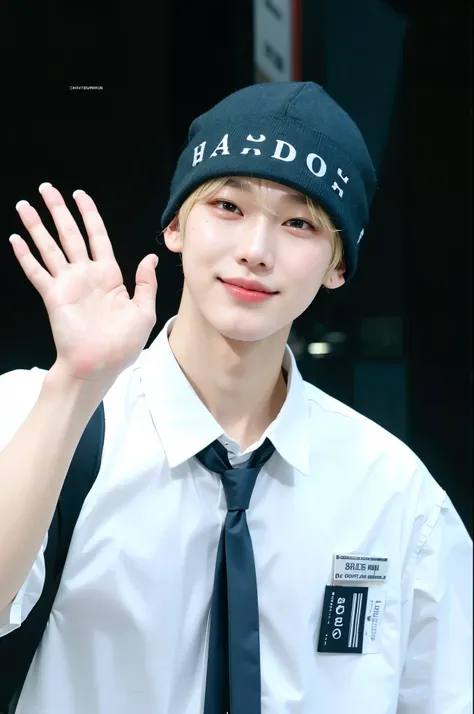 a close-up of a person with blonde hair and a white shirt, jung jaehyun, cai xukun, Jinyoung Canela, charming sly smile, wan adorable korean face, charmer smile, smile shy, with short hair, Kim Doyoung, hyung tae, Shin Jeongho, slight cute smile, smiling c...