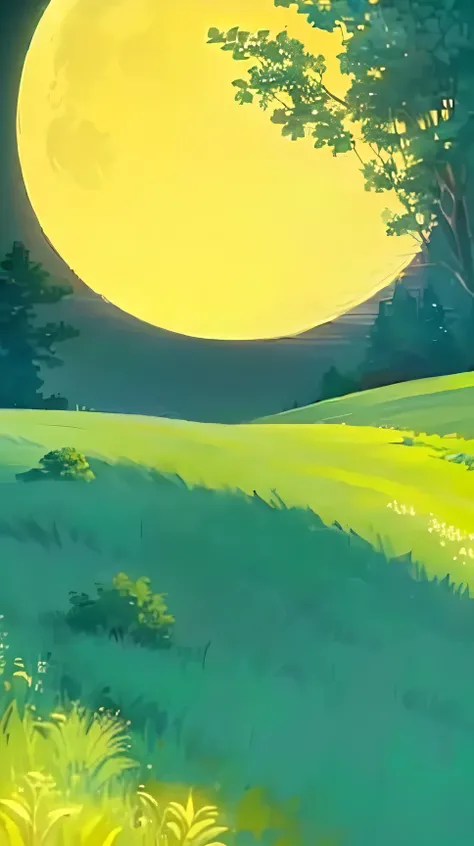 A peaceful full moon rises over rolling green hills, radiating a soft glow，Light up a peaceful, Verdant landscape. The tall grass swayed gently in the night breeze, The branches and tender leaves create a beautiful picture. Cool, The calm atmosphere is bat...