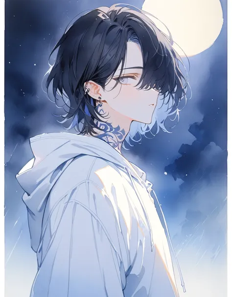 boy, black hair, medium hair,hair over eye,mesh hair, white eyes, albino,Calm,from side, looking viewer,From the chest up,white large hoodie,with tattoo on his neck,long sleeve, black slacks, earrings,ear cuff,moonlight,midnight,Twilight,Blue Tone, waterco...