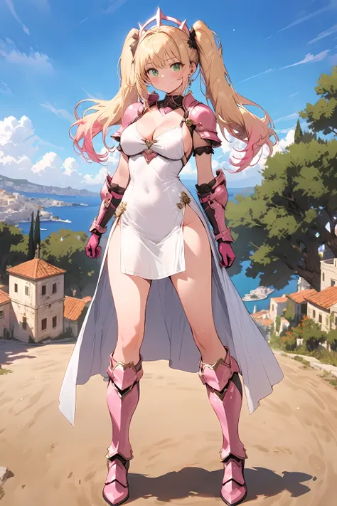 Masterpiece, Best Quality, 1woman, perfect body, perfect boobs, green eyes, long hair, shoulder length, twintails, blonde hair, dress, white dress, mini dress, side slit, (((high slit))), thighs, black trim, cleavage, armor, pink armor, gloves, pink gloves...