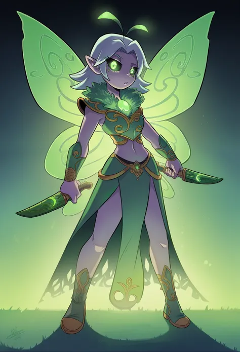 A magical, Human-esque being with a light purple skin tone, featuring large, elegant butterfly wings adorned with soft, glowing patterns. She has flowing white hair with green grass like antenna, delicate elf like ears and large, bright green eyes with bla...