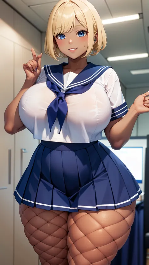 big breasts, blonde, blue eyes, high school girl、(dark skin、sailor suit:1.3),happy smile、big hips、thick thighs,sweaty、navy blue ...