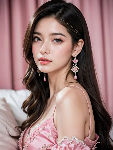 Extremely stunning beautiful girl sleeping,beautiful detailed eyes,beautiful detailed lips,extremely detailed face and skin,long eyelashes,detailed hair,pink silk nightgown,pink bedroom interior,luxury pink bedroom,pink floral bedsheets,pink silk curtains,...