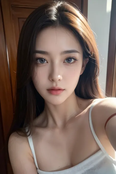 8K,best quality, masterpiece, Ultra-high resolution, (Reality:1.4), 4K Photo, (Real skin texture:1.3), (Selfie Angle),1 Beauty,Photos of life，Beautiful and detailed eyes and face,masterpiece, best quality,close up,Upper Body,