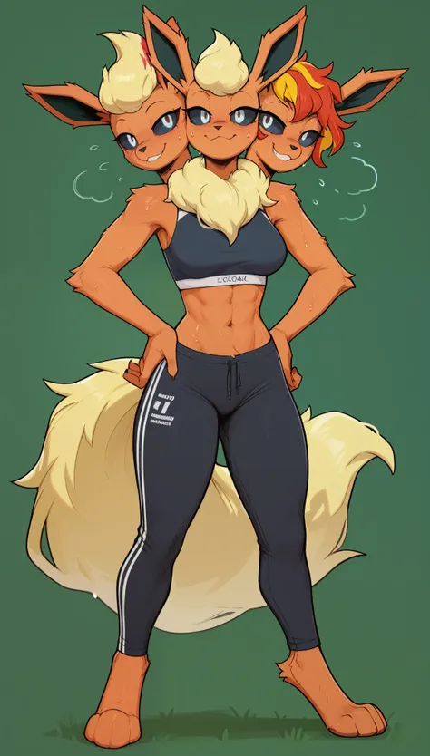 excited expression, 1girl, anthro, furry, fur, fluffy fur, flareon girl, yellow hair (red highlights), black sclera, white eyes,...