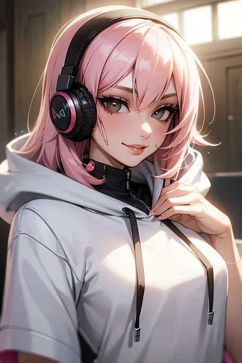 (masterpiece, best quality), intricate details, thin, ((slim)), beautiful girl, white skin, sharp jawline, hoodie, messy hair, lips, upper body, smirk,young,headphones,light pink hair 