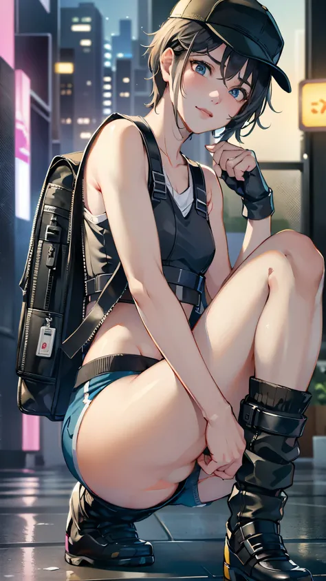 Inside the street,one 1 boy,fem boy,((crossgender)),black short hair,slender body,((full body)),displeased,sulky,((flat chest)),sitting,((cyberpunk fashion)),((baseball caps)),((tube top)),((micro shorts),((knee pads)),((slouch socks)),((army boots)),((bac...