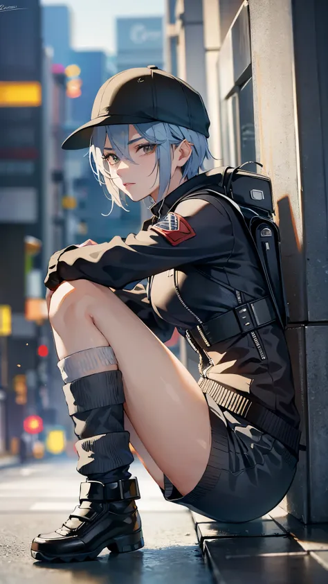 Inside the street,one 1 boy,fem boy,((crossgender)),black short hair,slender body,((full body)),displeased,sulky,((flat chest)),sitting,((cyberpunk fashion)),((baseball caps)),((tube top)),((micro shorts),((knee pads)),((slouch socks)),((army boots)),((bac...