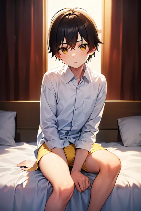 a boy, wearing a white long sleeved shirt and yellow panty, sitting on the bed.