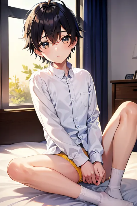 a boy, wearing a white long sleeved shirt and yellow panty, sitting on the bed.