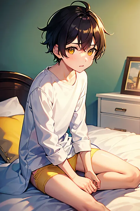 a boy, wearing a white long sleeved shirt and yellow panty, sitting on the bed.