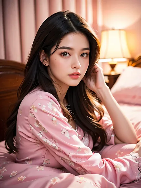 Extremely stunning beautiful girl sleeping,beautiful detailed eyes,beautiful detailed lips,extremely detailed face and skin,long eyelashes,detailed hair,pink silk nightgown,pink bedroom interior,luxury pink bedroom,pink floral bedsheets,pink silk curtains,...