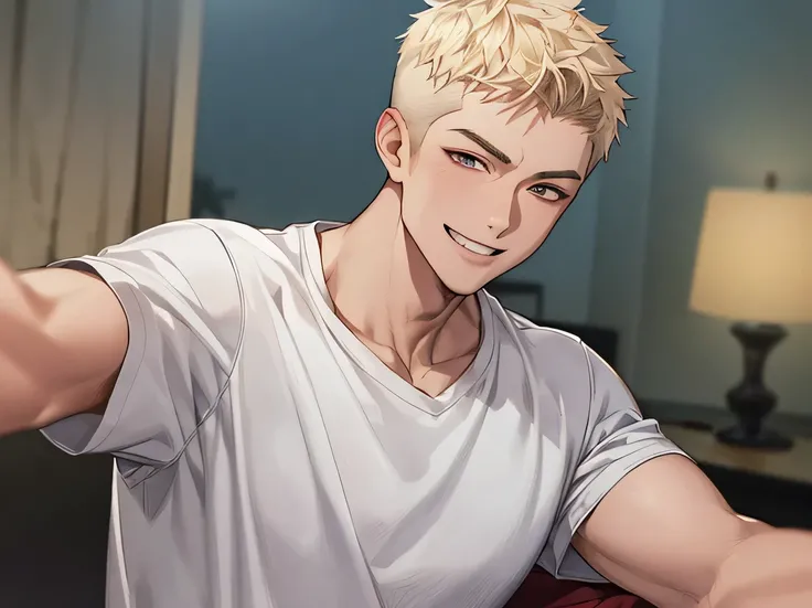 good looking,Cool vibe,Asian Face,I,Blonde,Muscular,Slim and muscular,(Crew cut),Dark mood(Masseter region,Viewer Perspective,Upper Body,Overlooking the viewer,Face close-up,Excited,Wicked Smile,,Night atmosphere,White T-shirt,,At the bed