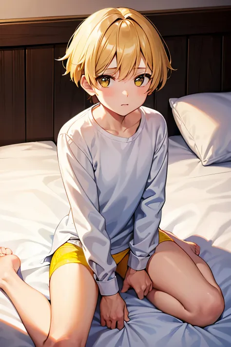 a boy, wearing a white long sleeved shirt and yellow panty, sitting on the bed.