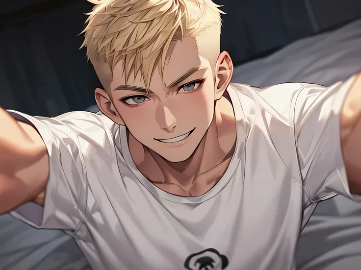 good looking,Cool vibe,Asian Face,I,Blonde,Muscular,Slim and muscular,(Crew cut),Dark mood(Masseter region,Viewer Perspective,Upper Body,Overlooking the viewer,Face close-up,Excited,Wicked Smile,,Night atmosphere,White T-shirt,,At the bed