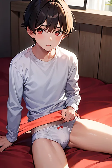 a boy, wearing a white long sleeved shirt and red briefs, sitting on the bed.