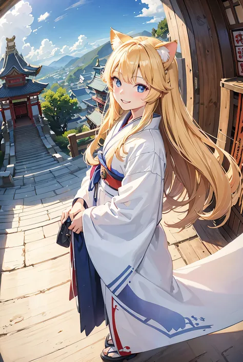 One Girl, Long Hair, Big smile, blonde, blue eyes, White kimono,vision,shrine,Highest quality, High-resolution models, Looking down, Fisheye Shot, Cat ear,