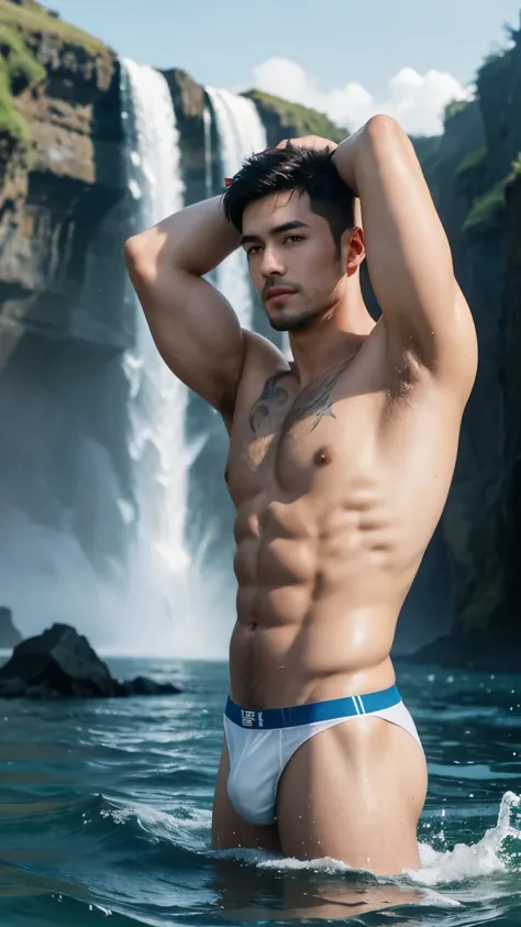 a mature daddy, black hair, Raise your arms and have thick, black armpit hair.crew cut, stubble, beautiful nature scenery, muscular, tattoo, standing in the water under the waterfall, wet body, white thong speedo, white thong swimwear, big bulge, Handsome ...