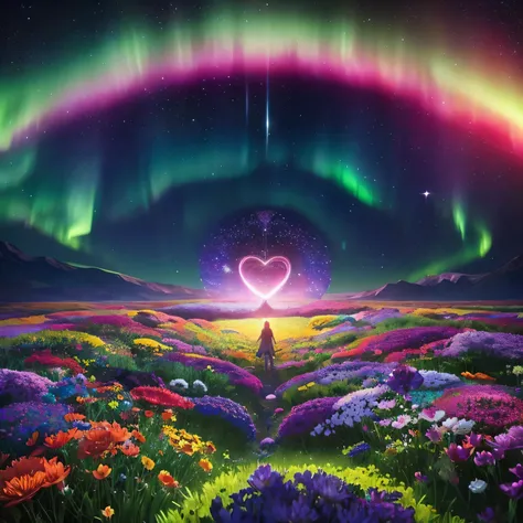 Colorful outer space,particles floating,Fantasy,Different world,Psychedelic Art,((There is a flower garden on one planet)),Colorful heart-shaped aurora floating in space,The stars are shining,Happy landscape,