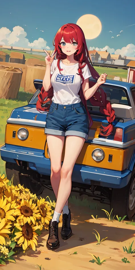 Ann, Harvest Moon, fair skin, freckles, blue eyes, red hair, braid, white ribbon, yellow t shirt, denim overalls shorts, full body, G cup breast size, on a farm