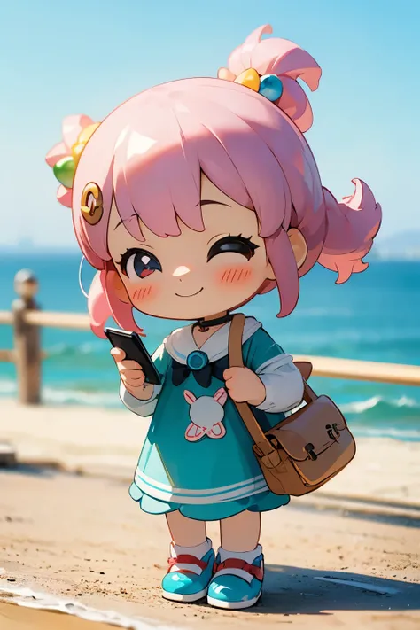 Photorealistic、Blind Box、Chibi Girl Doll(Blushing smile、hairpin、Cute Shoes、one piece、Spring Clothes、Taking a photo with a smartphone）、Seaside park in the background