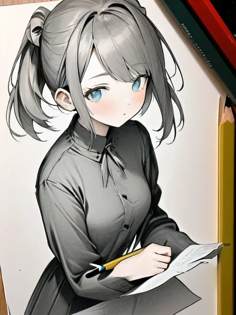 masterpiece,high quality,Beautiful wallpaper,16K,I took a picture,sketch, Hidamari sketch,((paper)),Please bring paper,((Draw a girl in underwear on paper)),pencil,