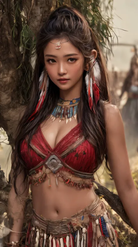 (nsfw:0.5), Cinematic、((Dark Skin、Red skin))、Feather hair ornament、girl,((Native American)),Fantasy,(One person:1.3), Detailed eyes, Detailed face, detailed Native American clothing , Volumetric lighting, evening, Highly detailed background, Stand next to...