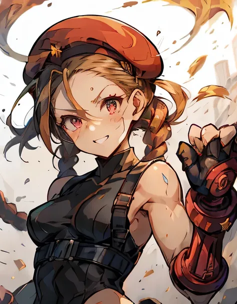 (skullgirls-48600:0.9), cammy, beautiful, calculation, affected smile, hands on hips, volumetric lighting, mononucleosis, red he...