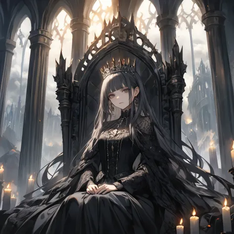 detailed portrait of a gothic queen seated on a grand, dark throne made of iron and velvet, surrounded by towering stone columns...