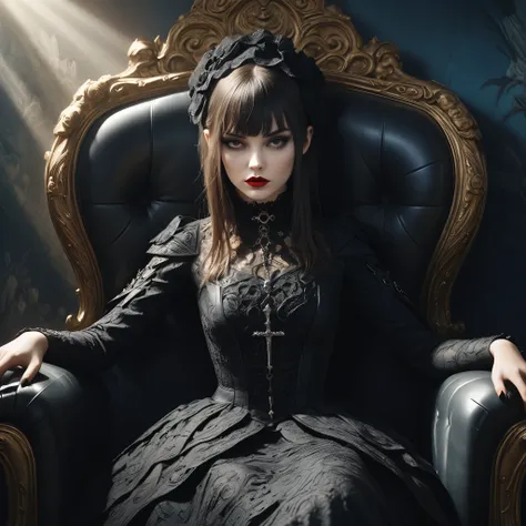 a beautiful gothic lolita girl, sitting alone on a black sofa, wearing a detailed black dress with white lace, surreal, high res...