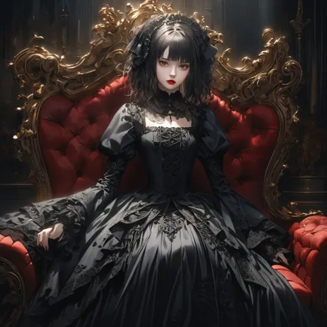 a beautiful gothic lolita girl, sitting alone on a black sofa, wearing a detailed black dress with white lace, surreal, high res...