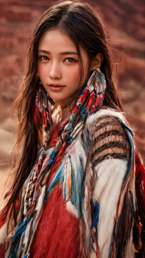 cinematic、((dark skin、red skin))、(feather hair ornament)、ethnic makeup、girl,((((native american)))),fantasy,(one person:1.3), de...