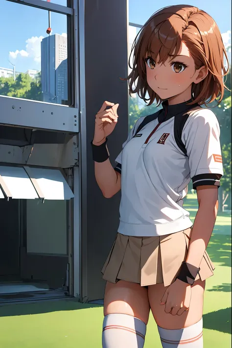 (Highest quality:1.5, High resolution, uhd, 4K, Detailed lighting, Shaders), NSFW MiSaka Mikoto,S ((Solo))++ short hair Brown Hair Brown eyes Cool face ((Golf Wear Tight super mini skirt Black knee-high socks Absolute area))++ Realistic golf course Reali...