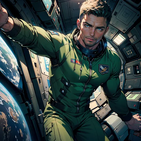 32k,masterpiece, best quality, detailed face, natural eyes,1man, solo mature man, muscled and mature, stephen amell as an astronaut wearing future space suit, dark green suit, showing muscles and bulge ,floating in the space inside a space shuttle , with "...