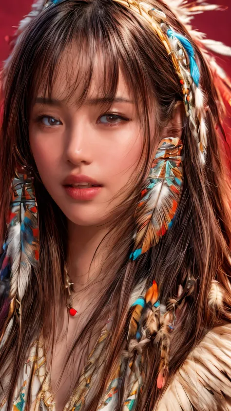 cinematic、((dark skin、red skin))、(feather hair ornament)、ethnic makeup、girl,((((native american)))),fantasy,(one person:1.3), de...