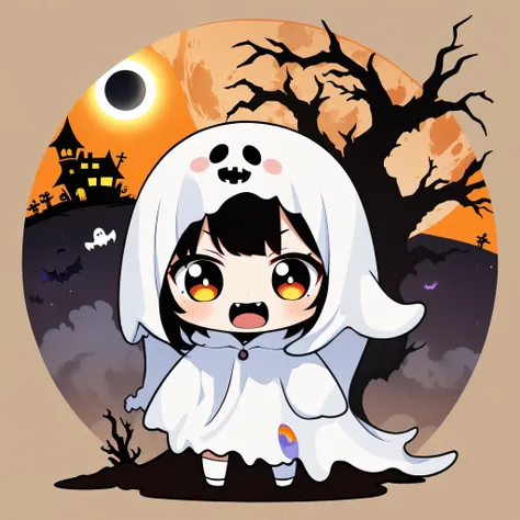 1girl,halloween ghost costume,chibi,horror,smoke, rotten tree, solar eclipse, halloweencoser