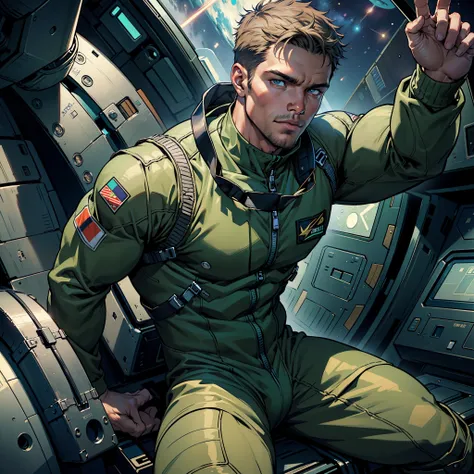32k,masterpiece, best quality, detailed face, natural eyes,1man, solo mature man, muscled and mature, stephen amell as an astronaut wearing future space suit, dark green suit, showing muscles and bulge ,floating in the space inside a space shuttle , with "...