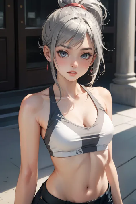  ((Best quality)), ((masterpiece)), (detailed), nsfv, , prominent collarbones, thin arms, slim stomach, visible hip bones, long hair, ash gray hair hair, Ponytail, thick Ponytail, heavy Ponytail сексуальная поза