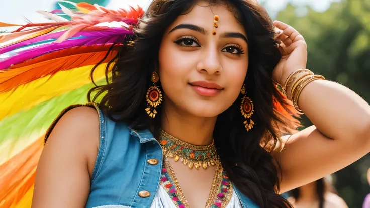 (8k, highest quality, ultra detailed:1.37), (Dina), 18yo, (a free-spirited Indian girl), girl, embraces the bohemian festival atmosphere. She wears a boho-chic embroidered top with denim shorts and accessorizes with feathers and beads. big breasts, big bre...