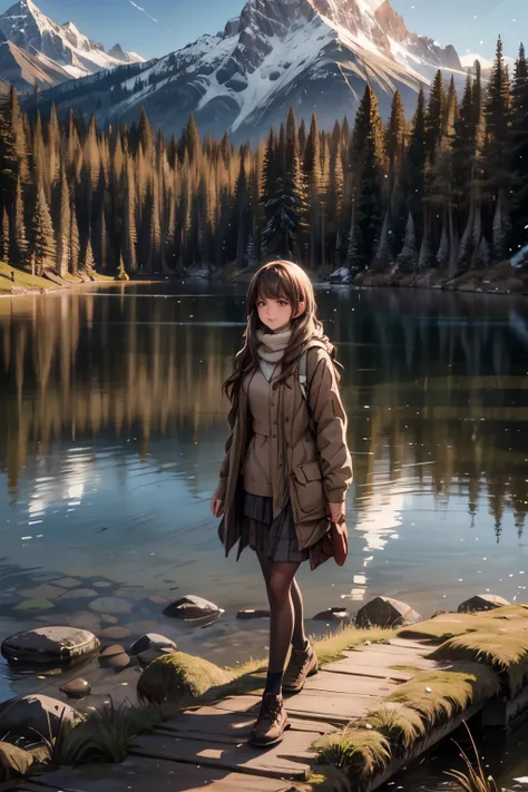girls walk in a forest, majestic mountain, golden hour, snow-capped peaks, serene lake, clear reflection, calm water, tall pine trees, natural scenery, outdoor, soft warm light, shadows on mountains, tranquil atmosphere, wide-angle shot, deep depth of field, sharp focus on entire landscape, balanced exposure, soft pastel sky, clouds above mountains, girl walk in the forest,