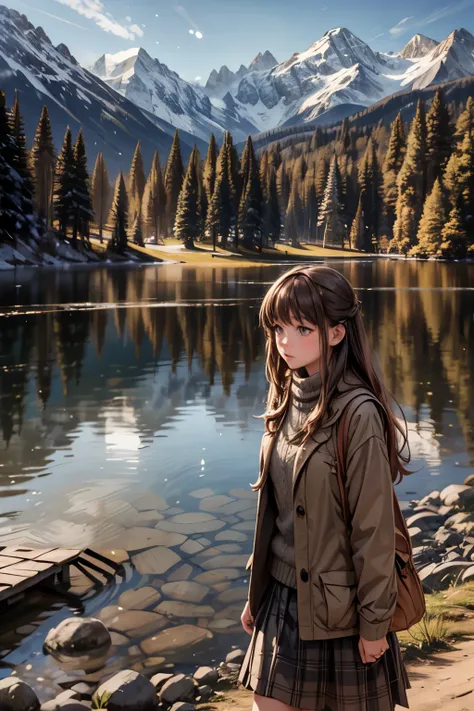 girls walk in a forest, majestic mountain, golden hour, snow-capped peaks, serene lake, clear reflection, calm water, tall pine trees, natural scenery, outdoor, soft warm light, shadows on mountains, tranquil atmosphere, wide-angle shot, deep depth of fiel...